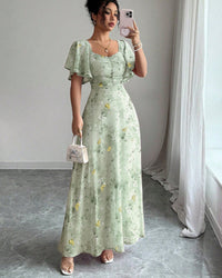 Flowers Printed Lotus Sleeve Dress Summer Elegant Slim Dresses Women's Clothing