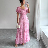 Flowers Printed Lotus Sleeve Dress Summer Elegant Slim Dresses Women's Clothing