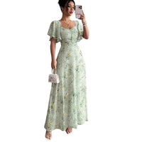 Flowers Printed Lotus Sleeve Dress Summer Elegant Slim Dresses Women's Clothing