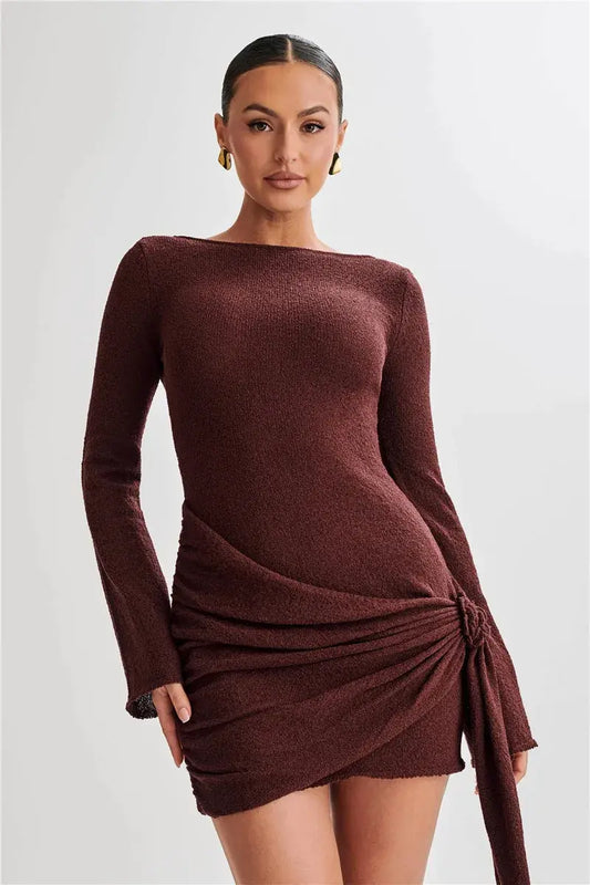Dera long sleeve backless bodycon mini dress in reddish brown with a fitted silhouette, perfect for parties, date nights, and evening wear.