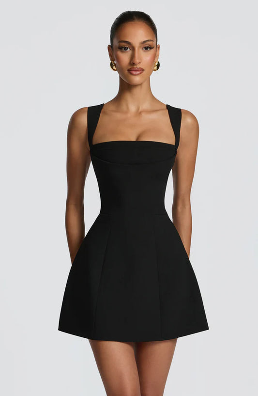Iona mini dress in black with high neck and bubble hem