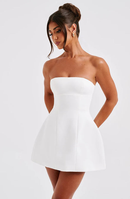 Front view of the Alana black bubble hem mini dress with a fitted bodice and voluminous skirt.