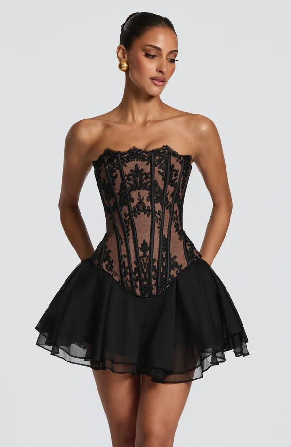 Black Nara Mini Dress with floral mesh overlay and lace-up detail