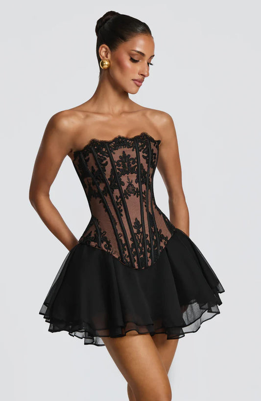 Sleeveless floral mesh mini dress with lace-up front, Black