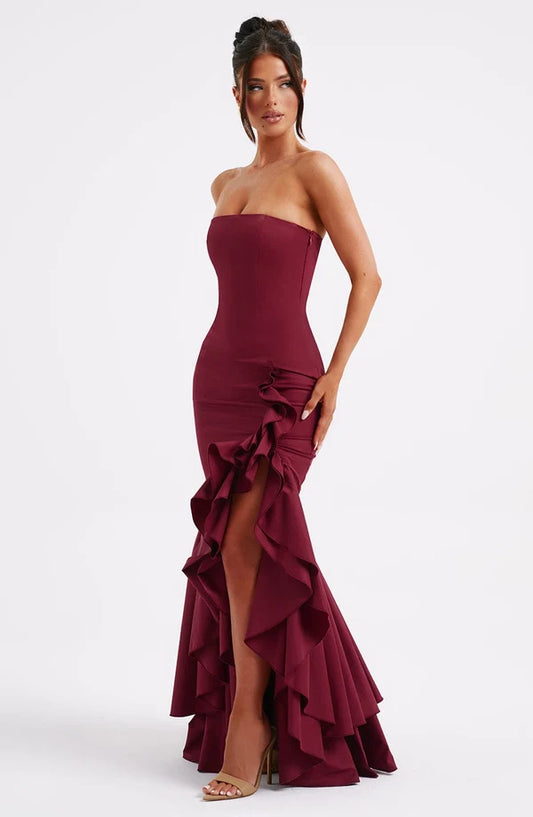Side profile of the Angelina Maxi Dress highlighting its graceful silhouette and premium craftsmanship.