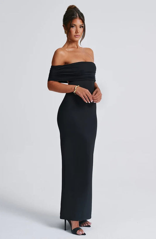 Side view of Belinda Maxi Dress highlighting a graceful silhouette, perfect for cocktail parties, formal dinners, and special occasions