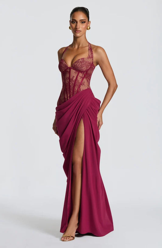 Side profile of the Revalline Bonita Maxi Dress highlighting its graceful shape and premium occasion wear styling