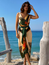 2026 New Vintage Tropical Leaf Print V Neck Sleeveless Waist Tie Midi Dress Women Split Elegant Vacation Maxi Dress