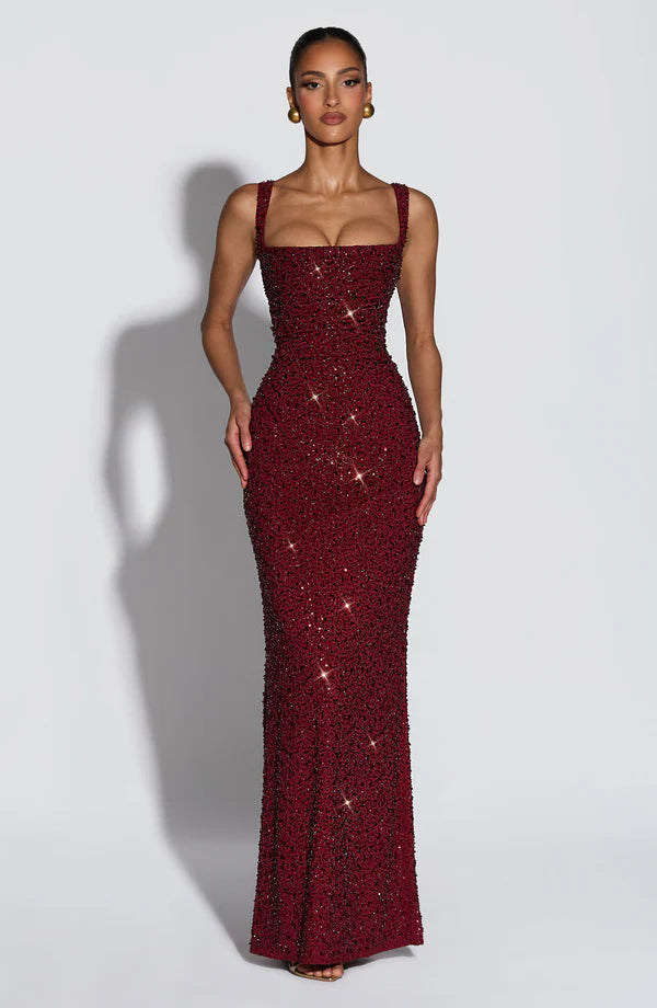 Calanthe Maxi Dress by Revalline featuring a square neckline, pleated bodice, and elegant floor-length silhouette for weddings and formal occasions