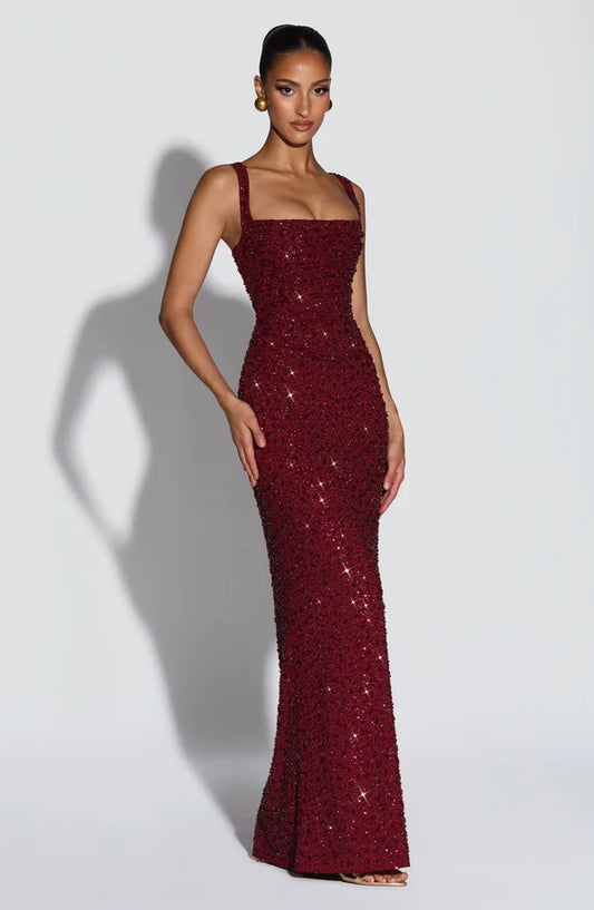 Side profile of the Revalline Calanthe Maxi Dress featuring a flattering silhouette designed for evening events and special occasions