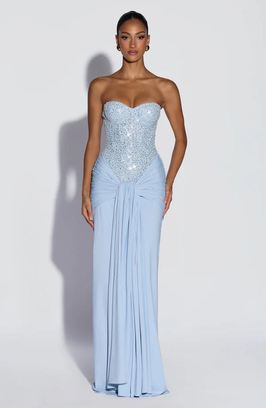 Strapless corset maxi dress with structured boning and pleated tie detail