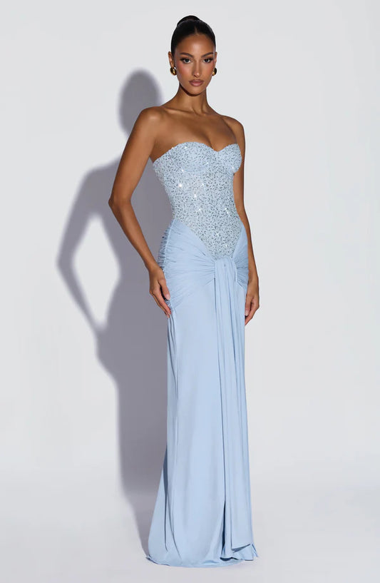 Boned bodice maxi dress front view with underwired cups
