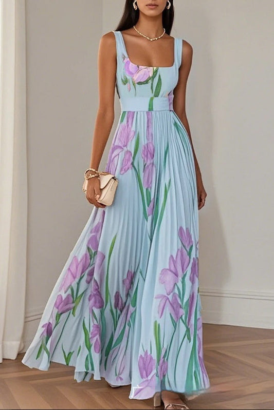 Elegant floral print sleeveless pleated midi dress designed with a timeless A-line silhouette for effortless style.