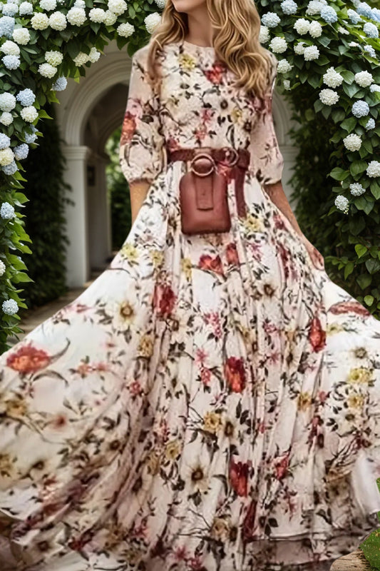 Elegant flower print midi dress for women with a timeless princess silhouette, perfect for weddings, vacations, and garden parties