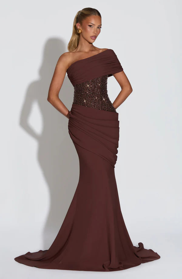 Front view of Revalline Ellora Maxi Dress for elegant party and evening wear