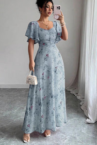 Floral Print Lotus Sleeve Midi Dress