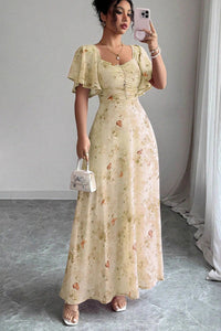 Floral Print Lotus Sleeve Midi Dress