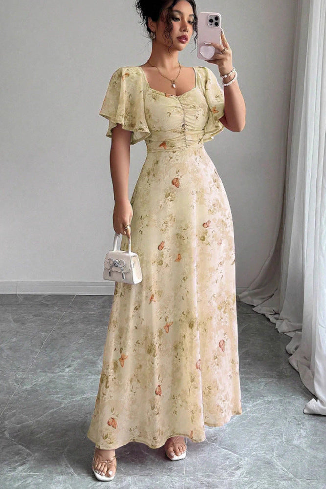 Floral Print Lotus Sleeve Midi Dress
