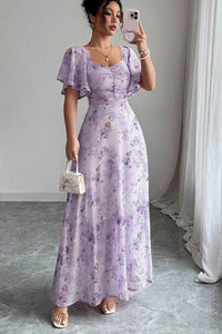 Floral Print Lotus Sleeve Midi Dress