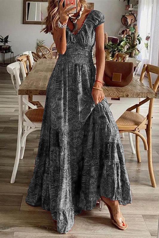 Women's floral print maxi dress featuring a V-neckline, high waist and flattering A-line fit for effortless elegance