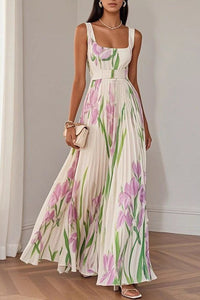 Floral Print Pleated A-Line Sleeveless Midi Dress