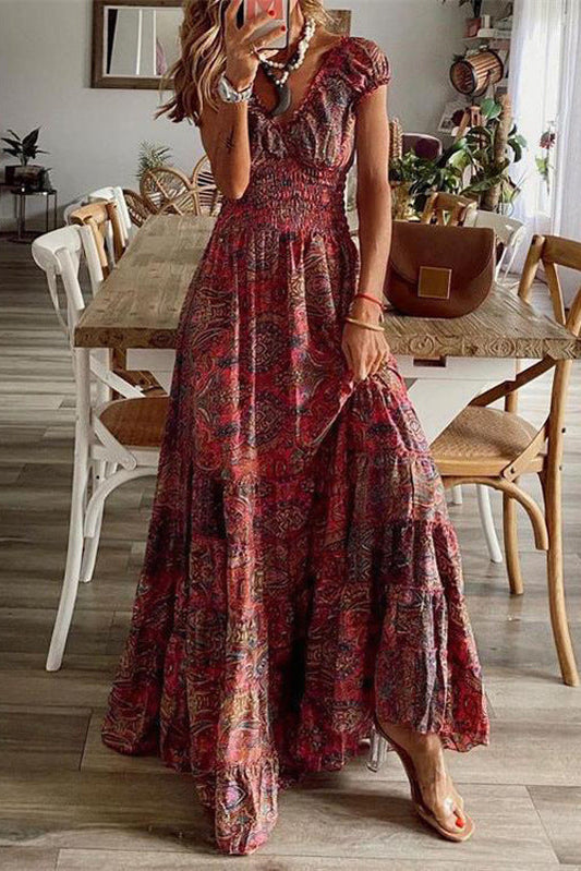 Floral Print V-Neck High Waist A-Line Maxi Dress for women with elegant flowing silhouette for weddings, vacations and special occasions