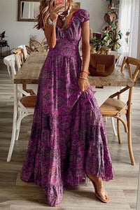 Floral Print V-Neck High Waist A-Line Maxi Dress