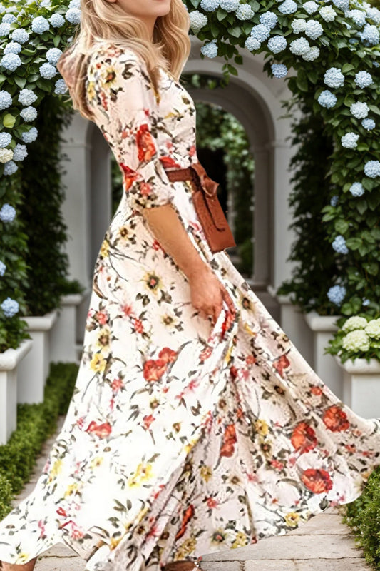 Flower Printed Princess Midi Dress for women by Revalline featuring an elegant floral print, princess silhouette, and flattering midi-length design