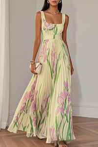 Floral Print Pleated A-Line Sleeveless Midi Dress
