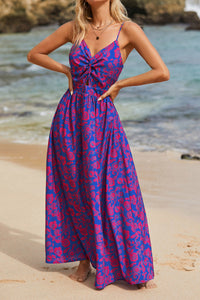 Knotted V-Neck Floral Print High Waist Sleeveless Maxi Dress