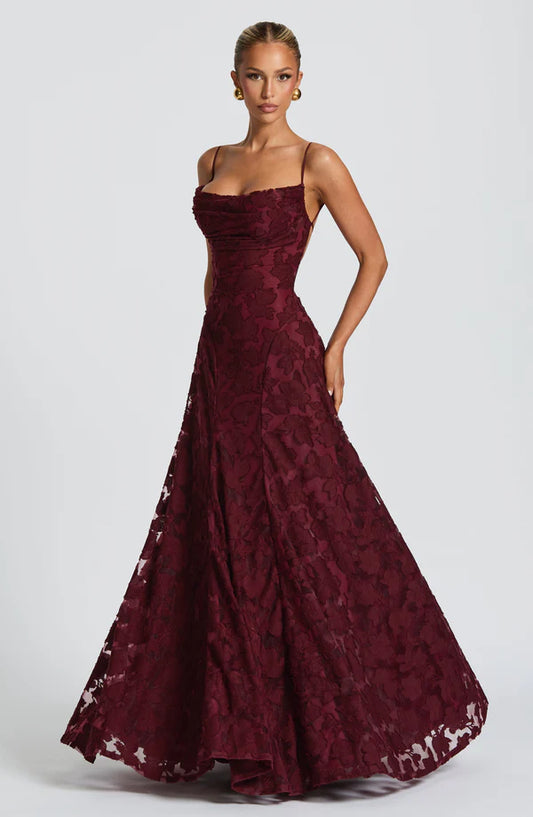 Side profile of the Francis Maxi Dress with a graceful flowing maxi silhouette