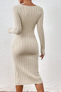 Square Neck Long Sleeve Geometric Knit Bodycon Dress