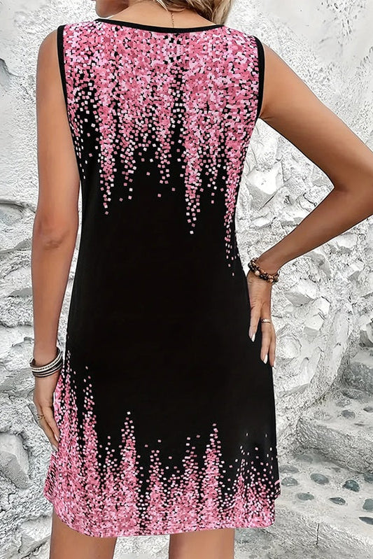 Back view of women's graphic print tank sundress with a comfortable loose fit silhouette