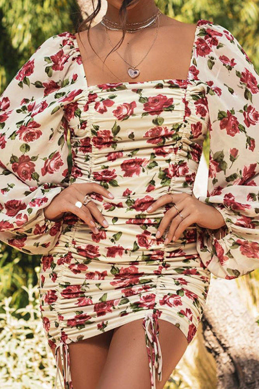 Women's fold print square neck long sleeve bodycon mini dress front view for party, date night and evening wear