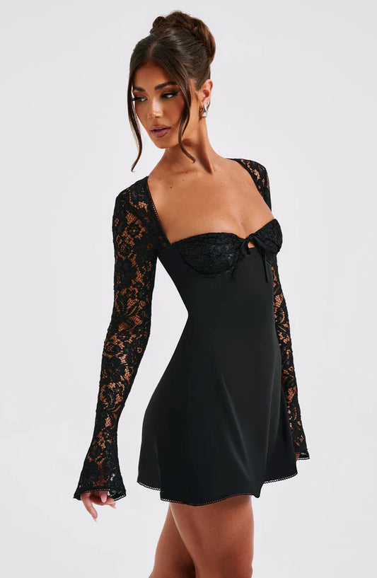 Model wearing A-line milkmaid mini dress for date night