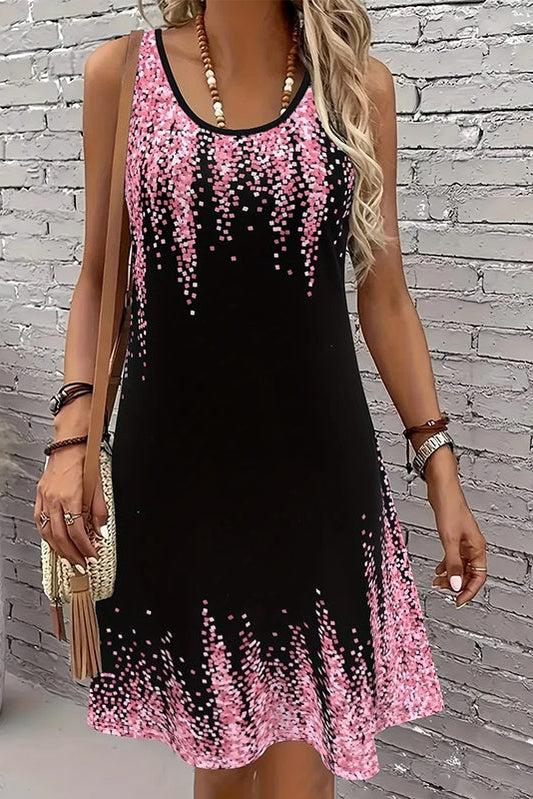 Loose graphic print tank dress with V-neck perfect for vacation, beach holidays and casual wea