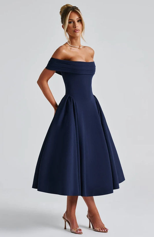 Miranda Midi Dress open-back strapless midi dress for women