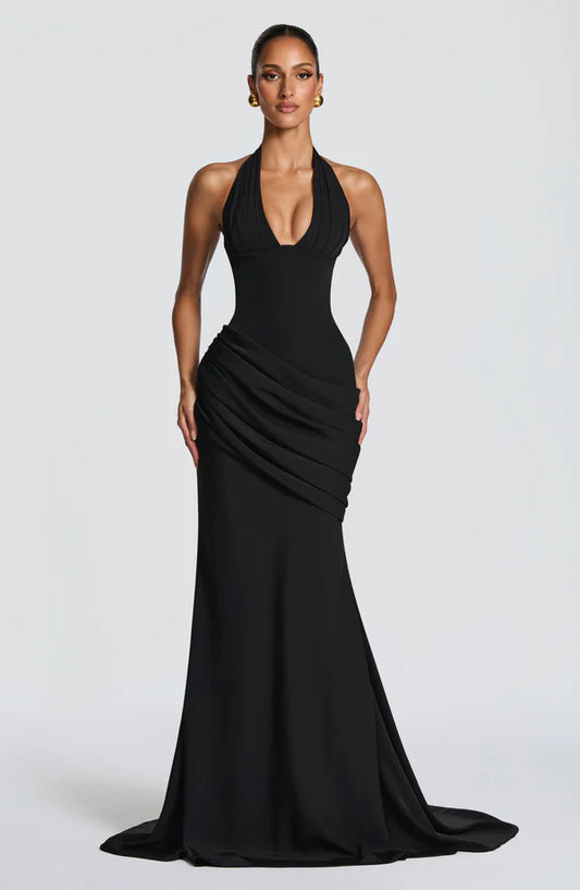 Nehemia Halter Neck A-Line Maxi Dress in Black – Cinched Waist Pleated Skirt | Revalline