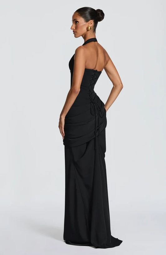 Nehemia Black Maxi Dress Full Length – Elegant Sleeveless Halter Gown | Revalline