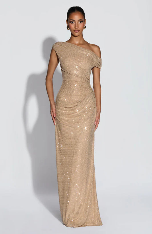 Ottilie off-shoulder bodycon maxi dress in gold — floor-length wedding guest and evening occasion dress | Revalline
