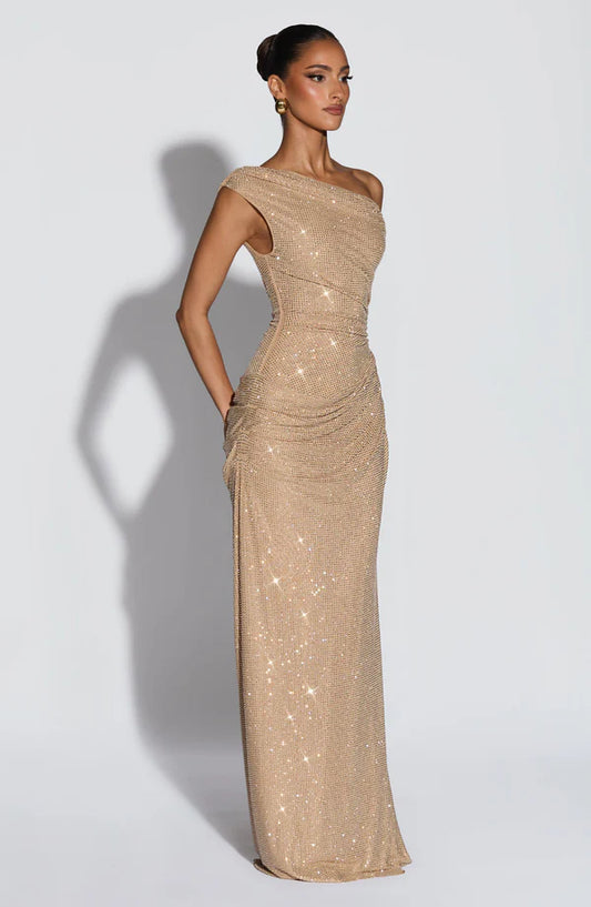 Ottilie off-shoulder floor-length maxi dress full view — premium occasion and evening wear dress | Revalline
