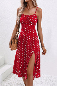 Polka Dot Print Suspender Slit Maxi Dress