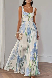 Floral Print Pleated A-Line Sleeveless Midi Dress