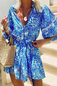 Stand Collar Printed Straight Shift Beach Dress