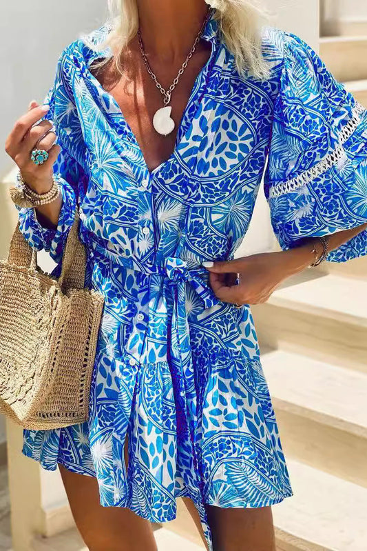 Close-up detail of the stand collar and printed fabric on the Revalline straight shift beach dress for women, designed for breathable summer comfort.