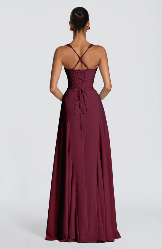Back view of the Revalline Irie Maxi Dress highlighting the elegant design, comfortable fit, and full-length silhouette.
