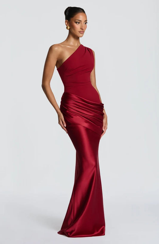 Side profile of the Revalline Sadona Maxi Dress highlighting its graceful floor length silhouette.