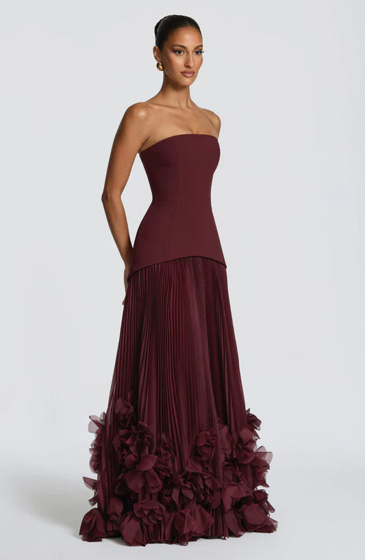 Side profile of the Lorelai Maxi Dress highlighting the elegant fit and flowing silhouette