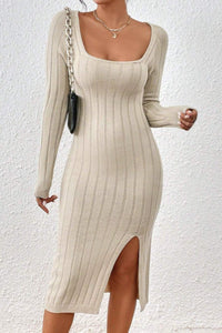 Square Neck Long Sleeve Geometric Knit Bodycon Dress