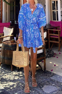 Stand Collar Printed Straight Shift Beach Dress